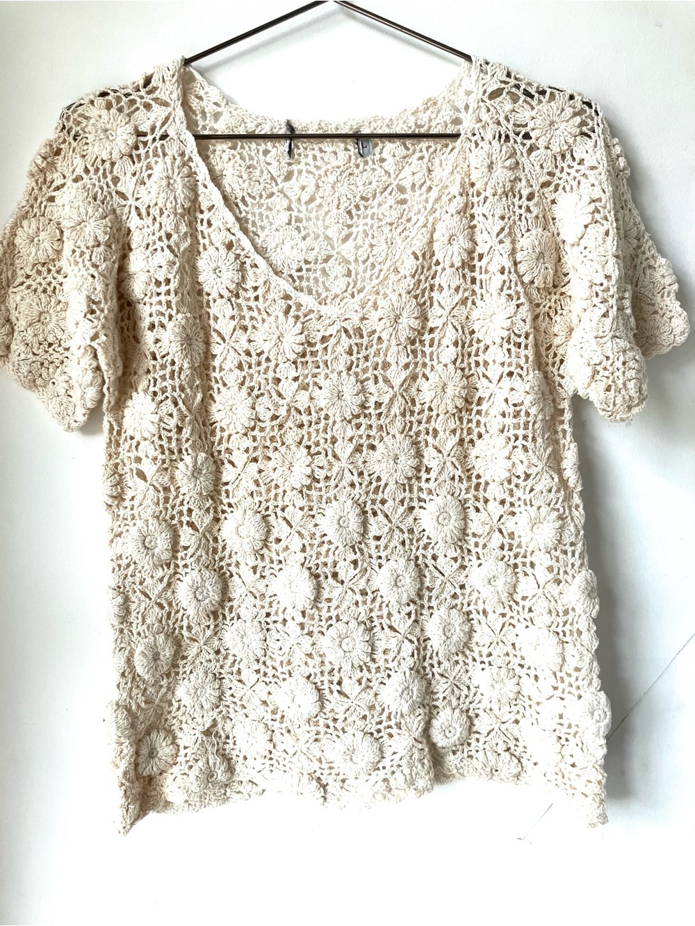Vintage Crochet Floral Knit Short-Sleeve Top - Cream